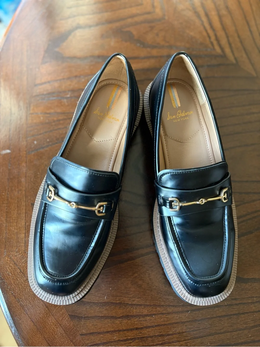 Sam Edelman Black Leather Lug Sole Loafers with Gold Bit - Picture 5 of 6